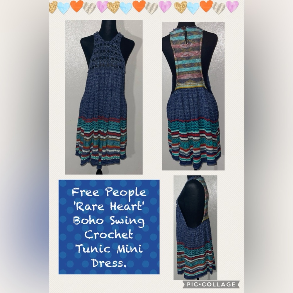 Free People 'Rare Heart' Boho Swing Crochet Tunic Mini Dress.